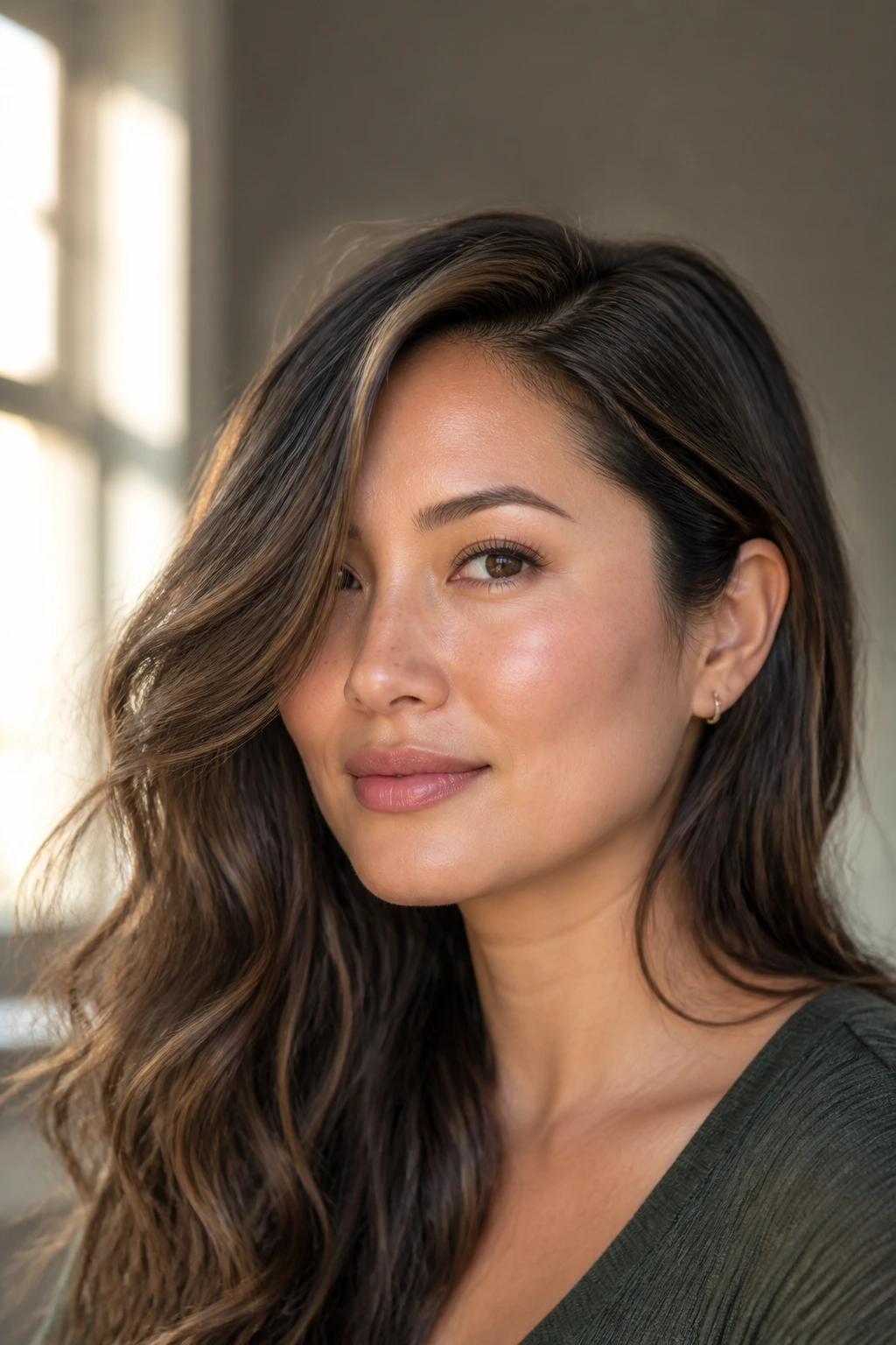 Close-up of a woman with a deep side part and sweeping front layers by a window