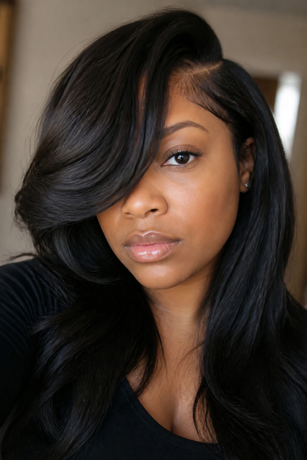 Portrait of a real woman with a deep side part and long sweep bang.