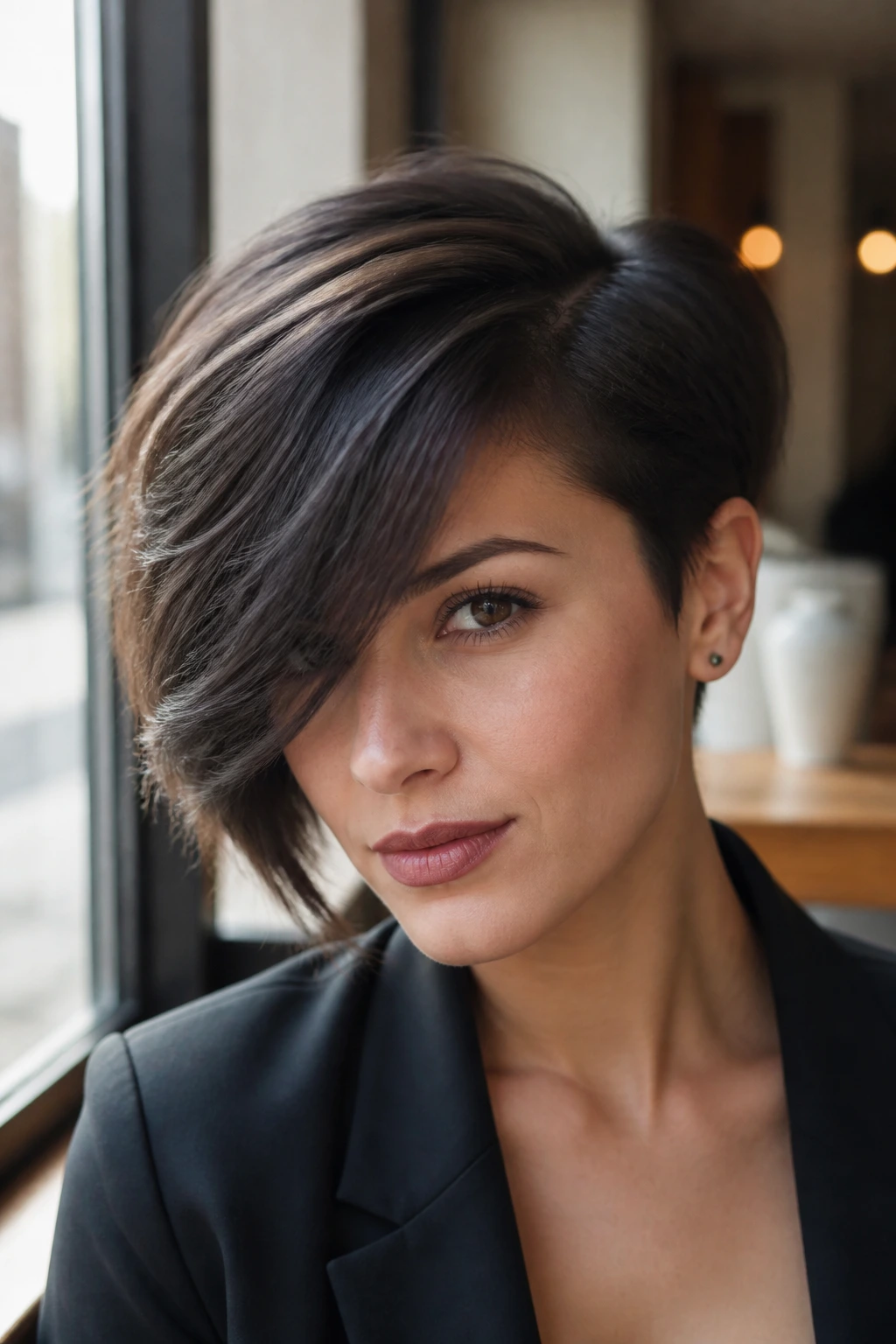 Close-up portrait of a real person with a deep side part and long sweep fringe