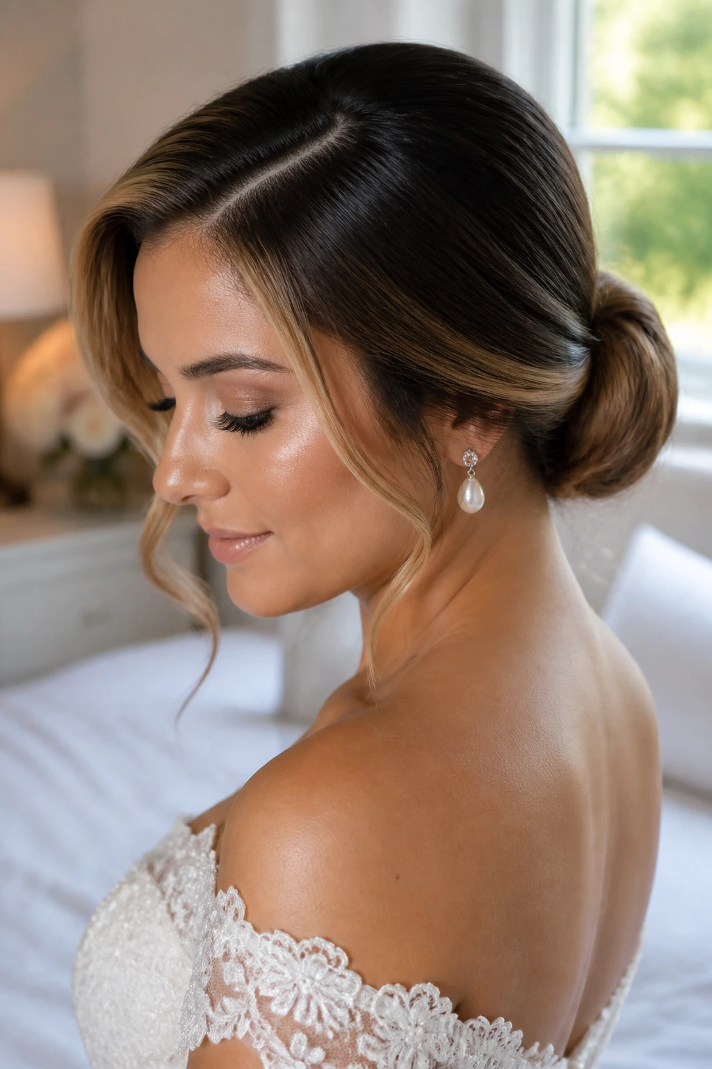 Profile of a deep side-part low bun with a smooth finish on a real bride