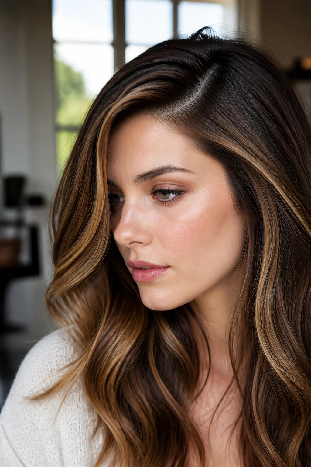Brunette with deep side-part caramel paneling framing the face