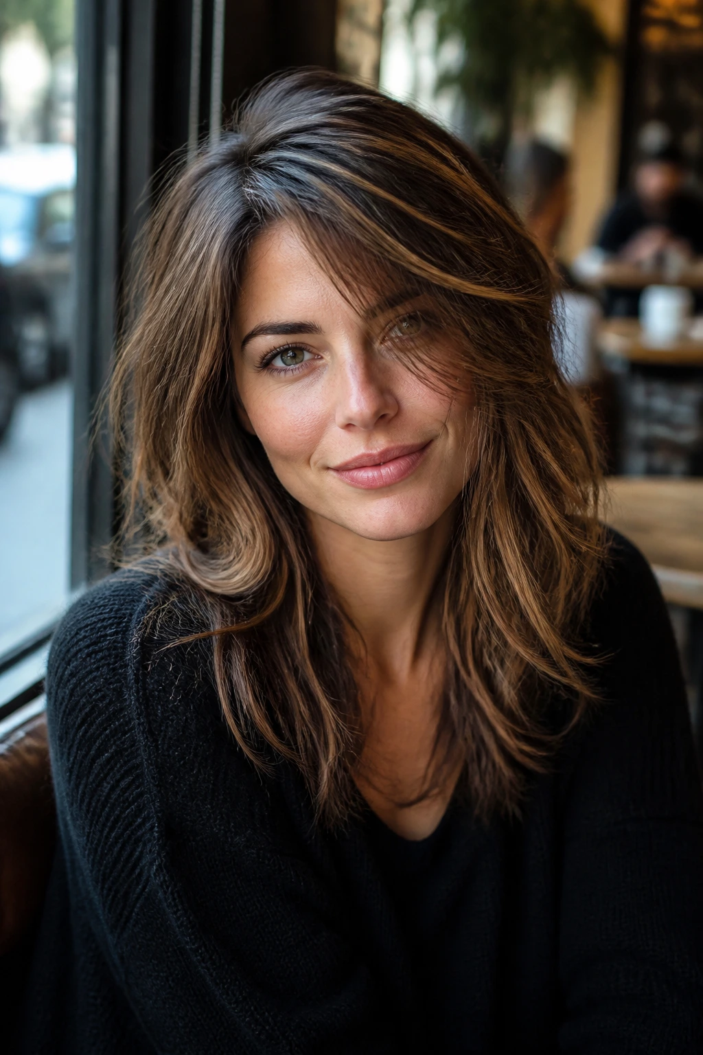 Real woman with deep side-part piecey layers portrait