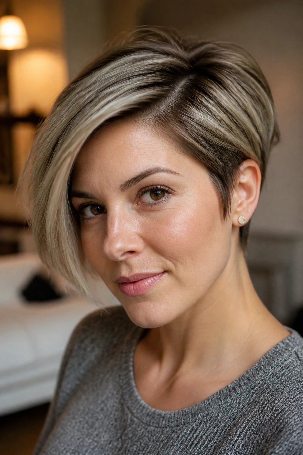 Real woman with a deep side-part pixie showing longer front on the heavy side and shorter opposite side
