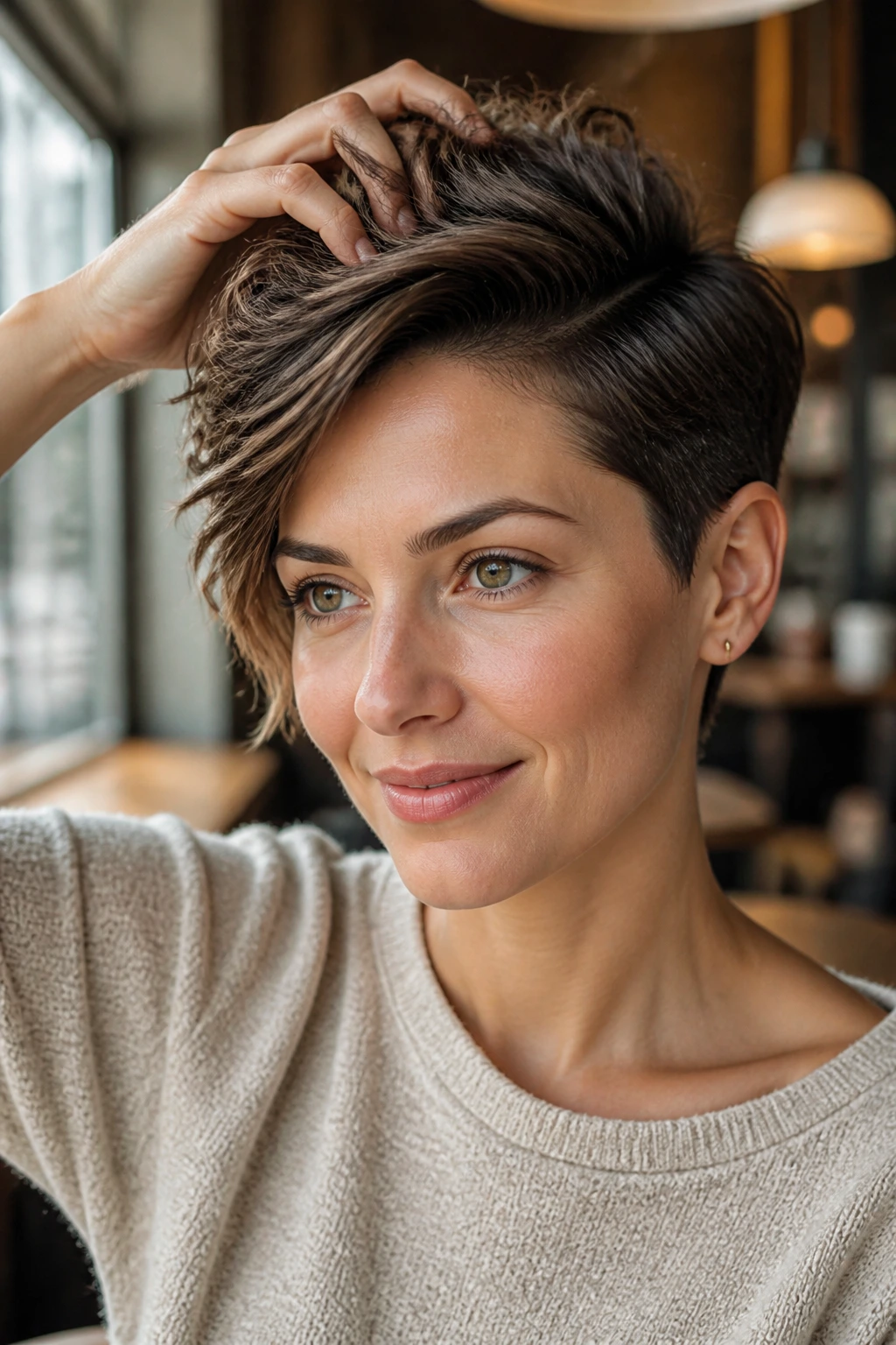 Portrait of a real person with a deep side-part pixie showing lift and movement.