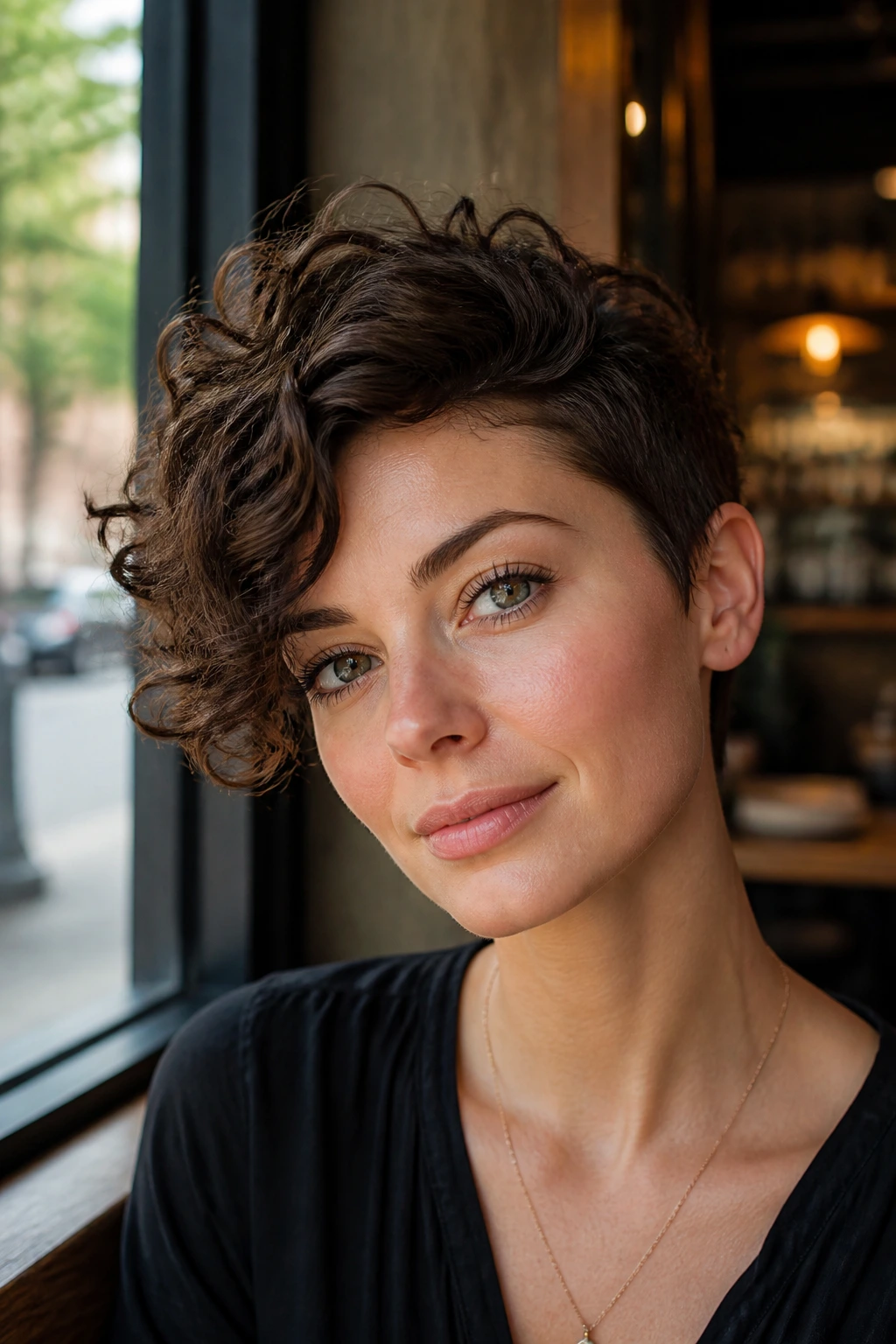 Portrait of a woman with a deep side-part pixie showing strong asymmetry.