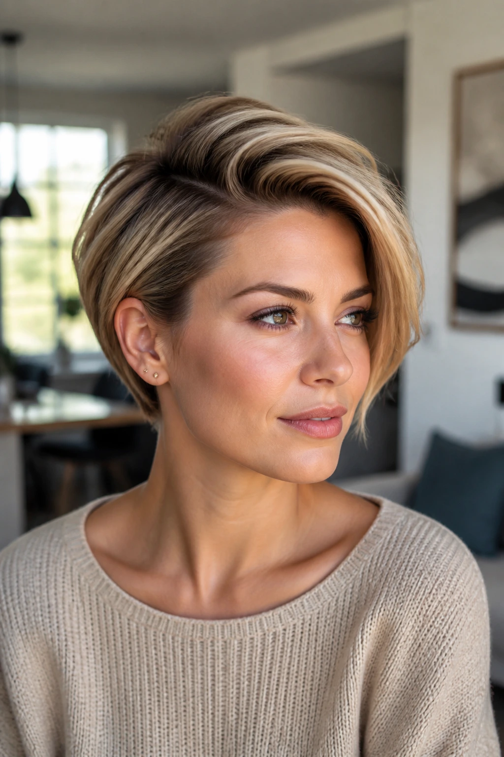 Close-up of a real person with deep side-part pixie bob