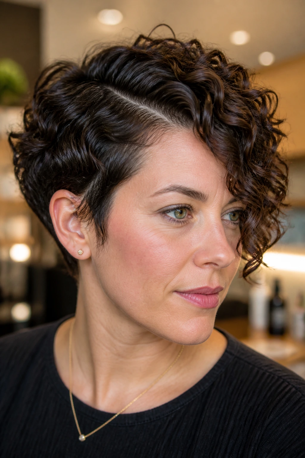 Close-up of a real person with deep side-part curly pixie bob