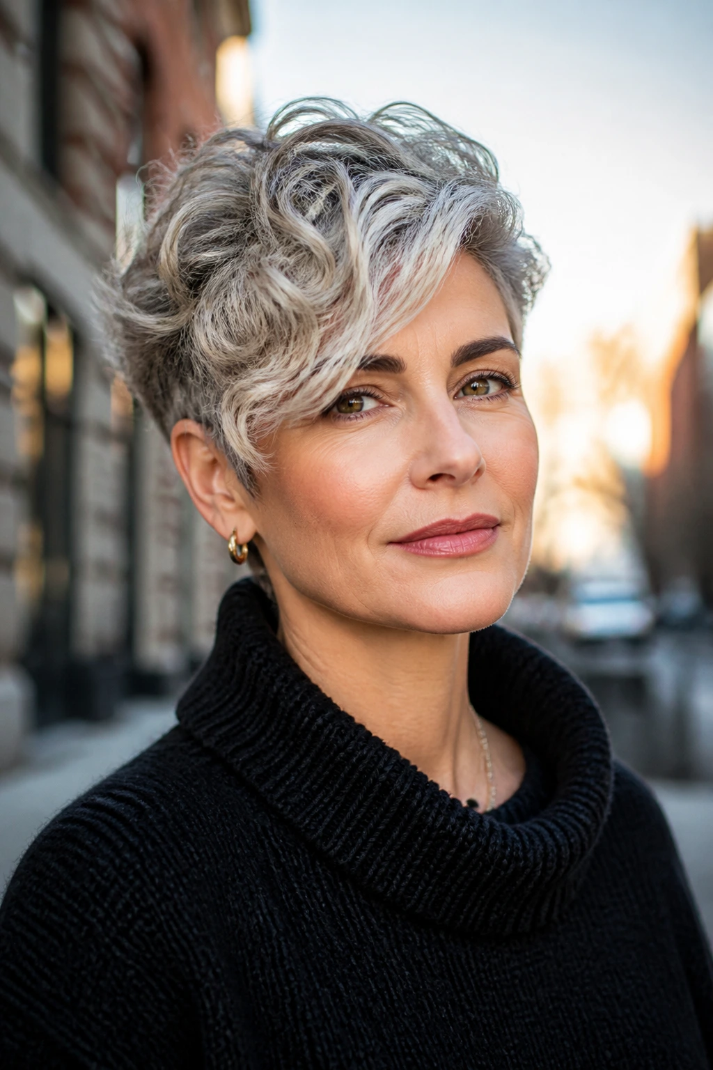 Portrait of a real person with deep side-part pixie and diagonal fringe, changing the face line
