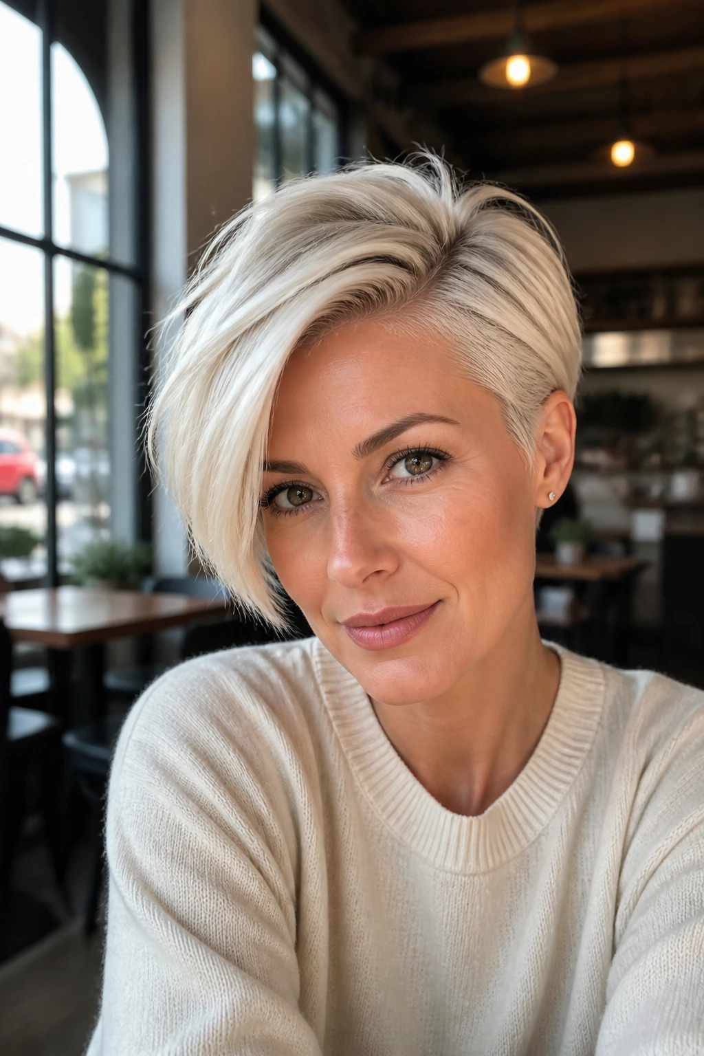 Portrait of a woman with a deep side-part pixie in platinum blonde by a window