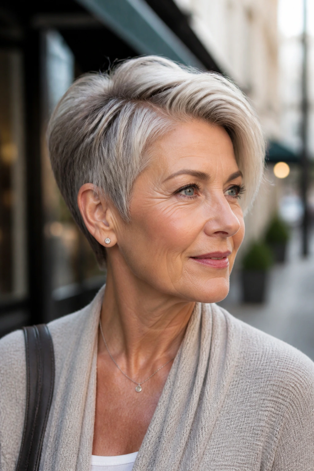 Older woman with deep side-part lifted pixie hairstyle on city street backdrop.