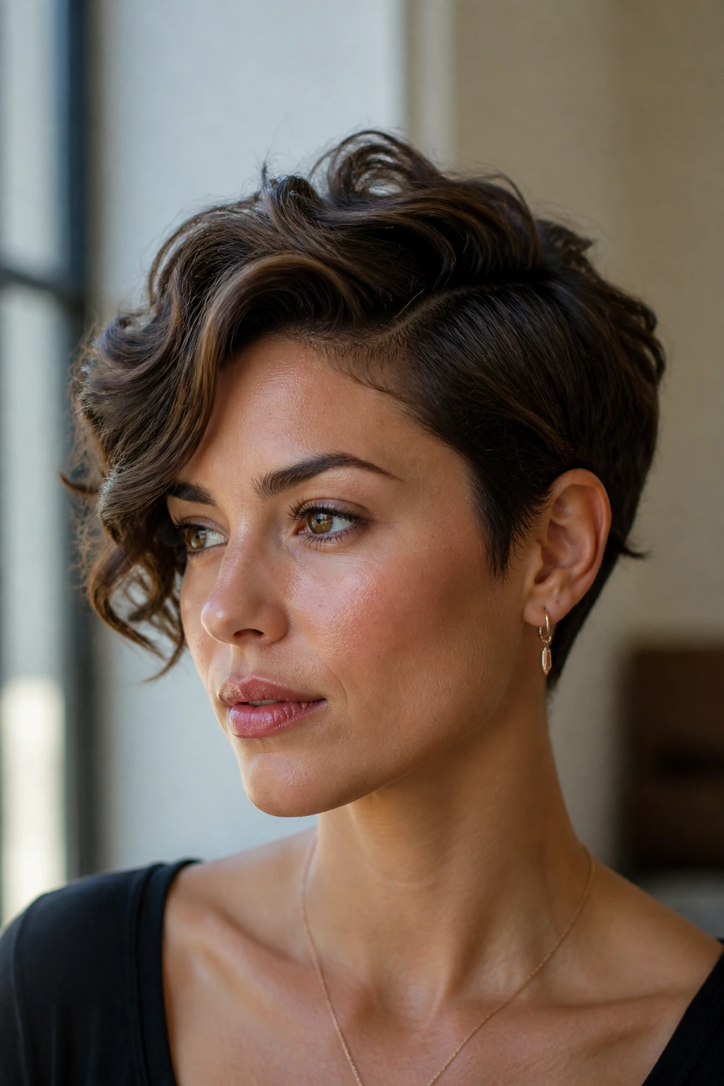 Portrait of a real person with deep side-part long pixie