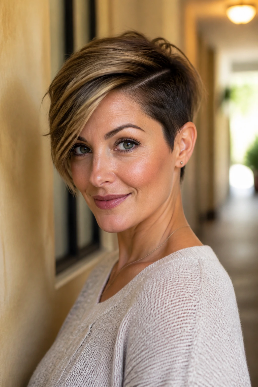 Portrait of a woman with a deep side-part pixie showing a long sweep across the forehead