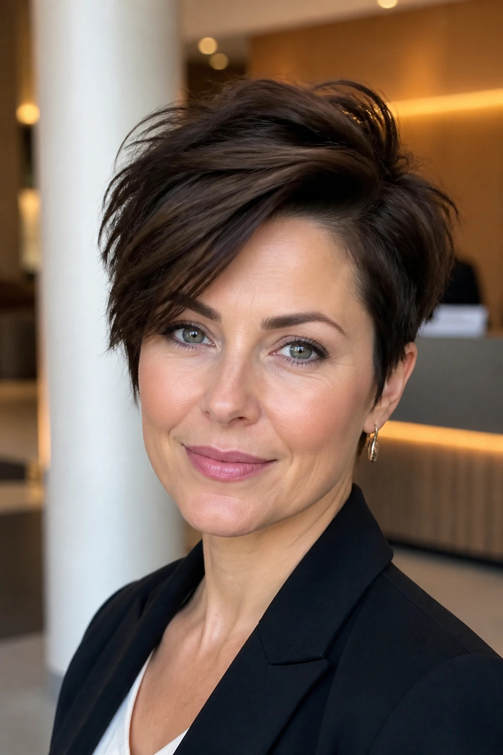 Close-up of a real woman with a deep side-part pixie creating a longer silhouette