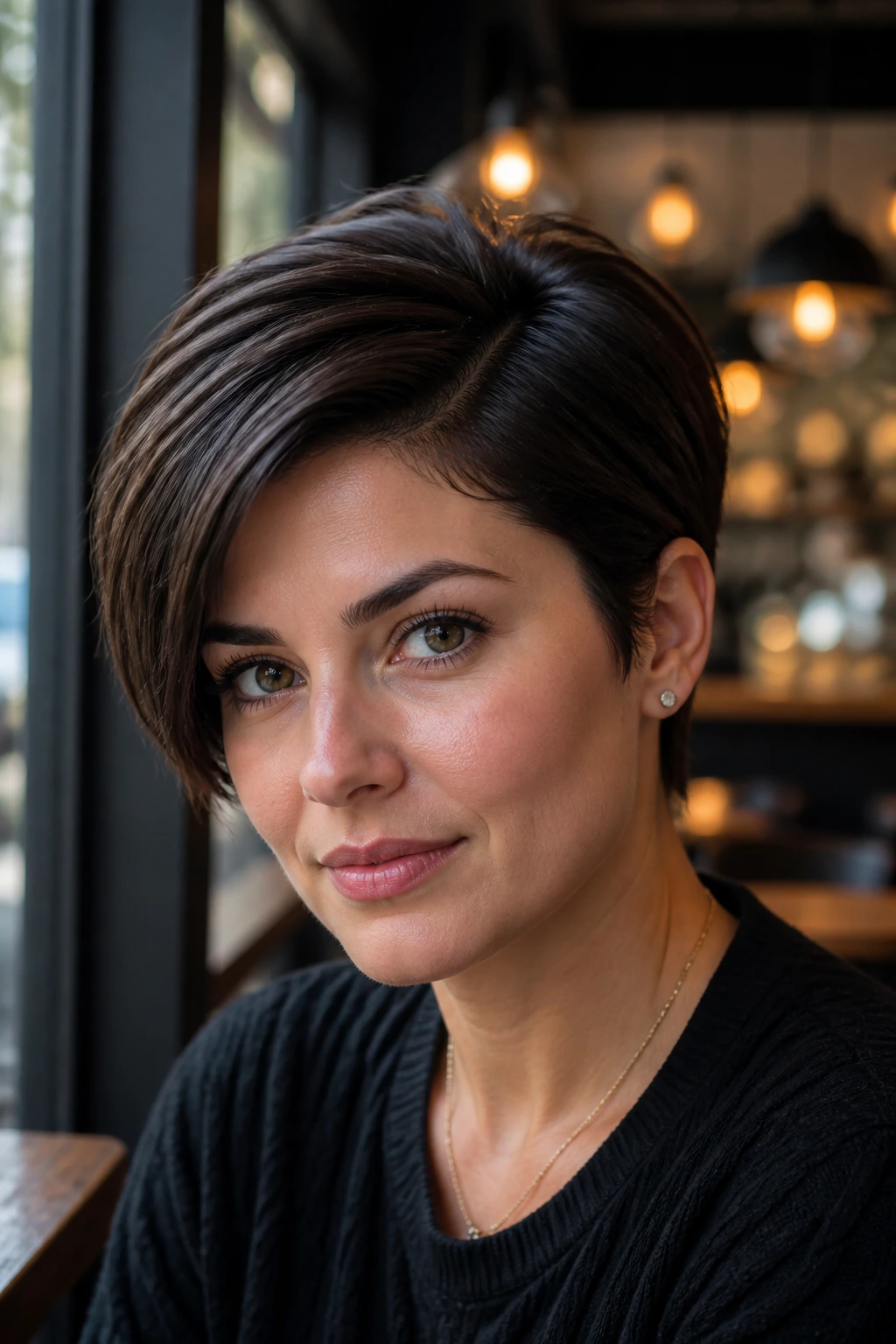 Deep side-part pixie close-up on a real woman with off-center sweep