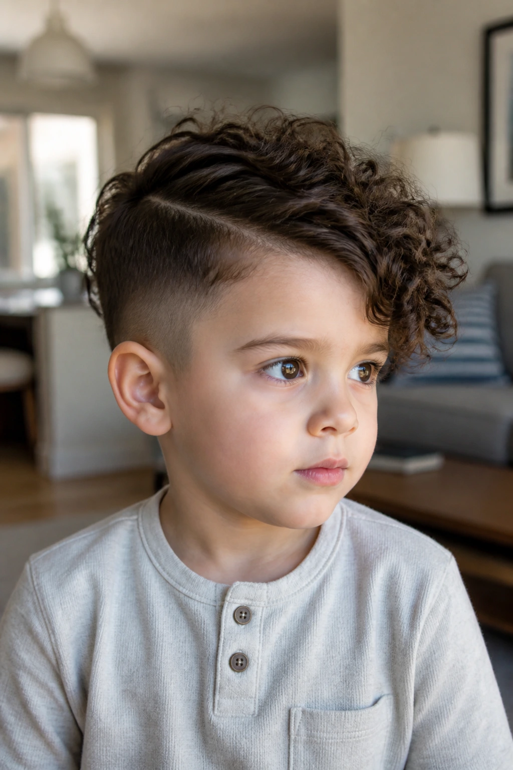 Close-up portrait of a real toddler boy with a deep side-part pixie haircut in natural window light