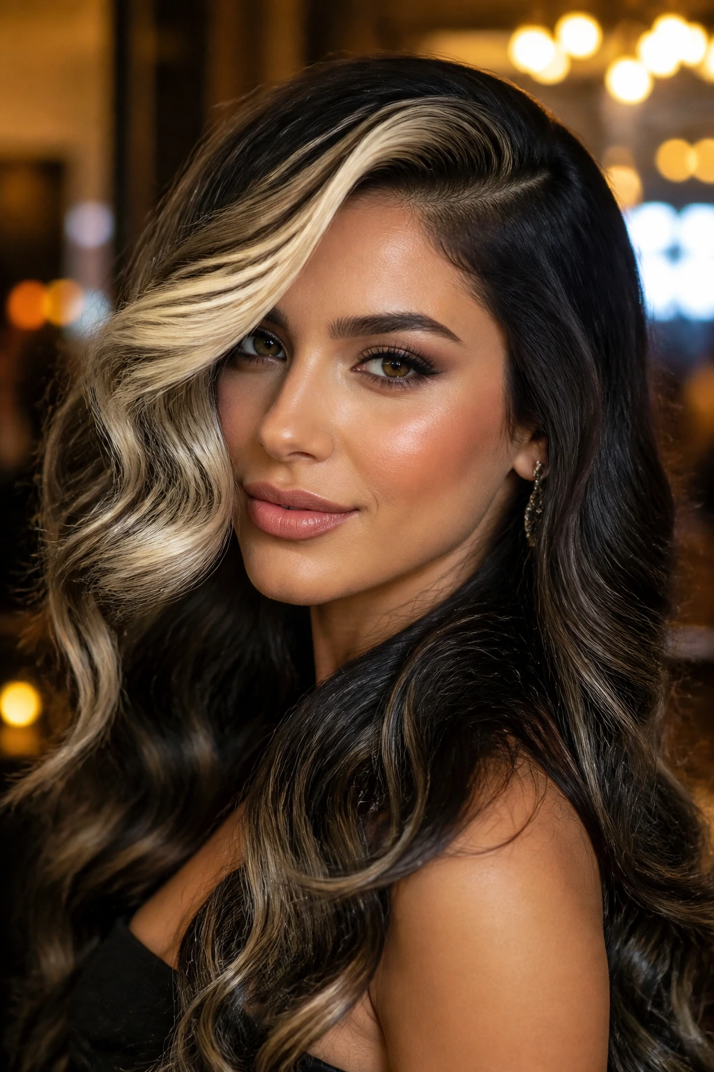 Close-up of a real woman with a deep side part and platinum front wave against a glamorous evening backdrop