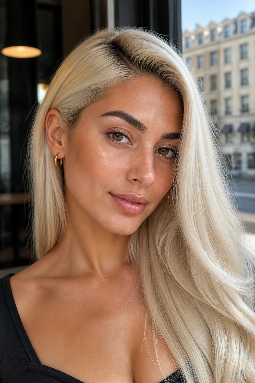 Close-up of a real woman with a deep side part and tucked front sections on platinum hair