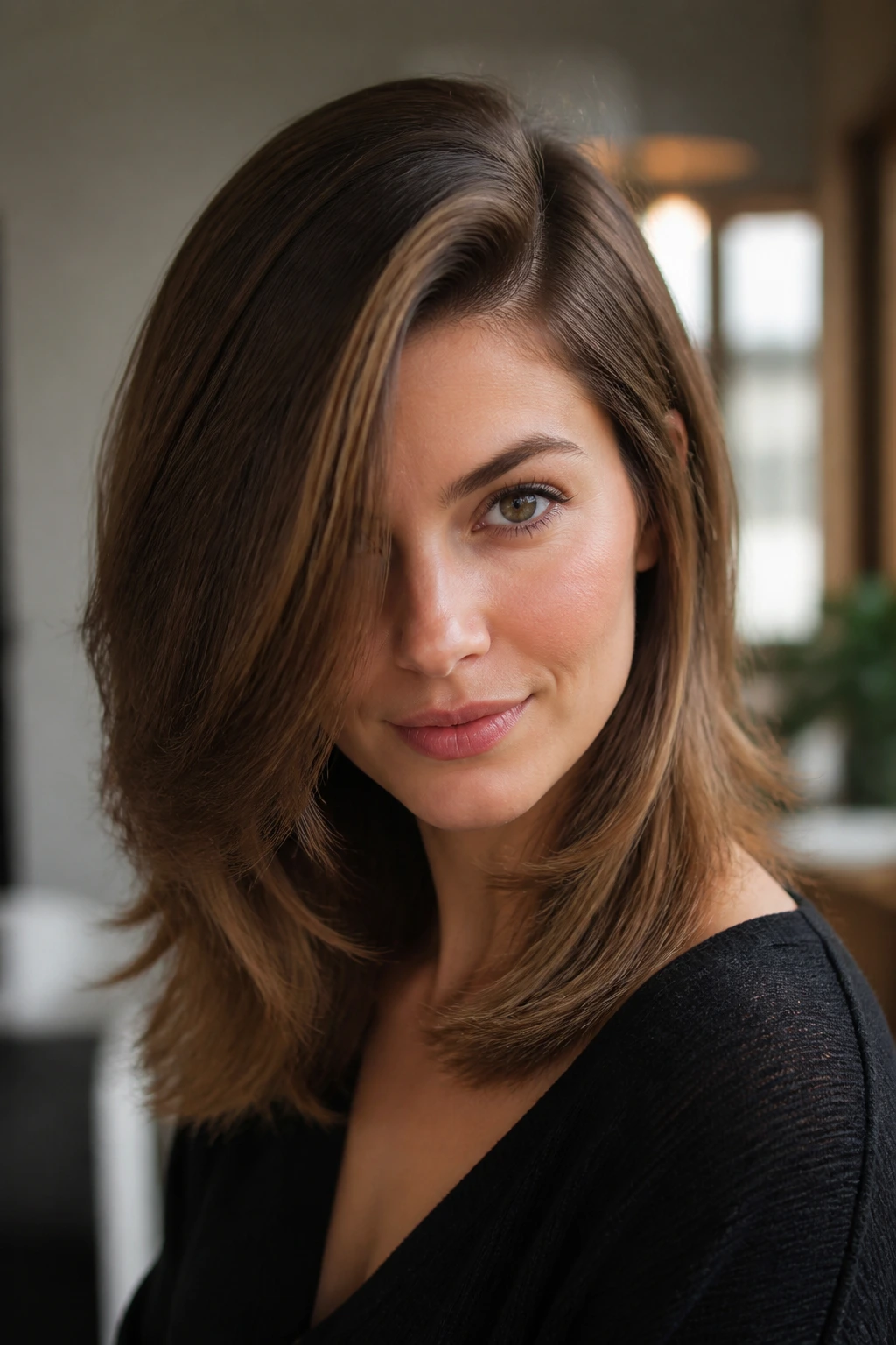 Portrait of a woman with a deep side part and polished blowout