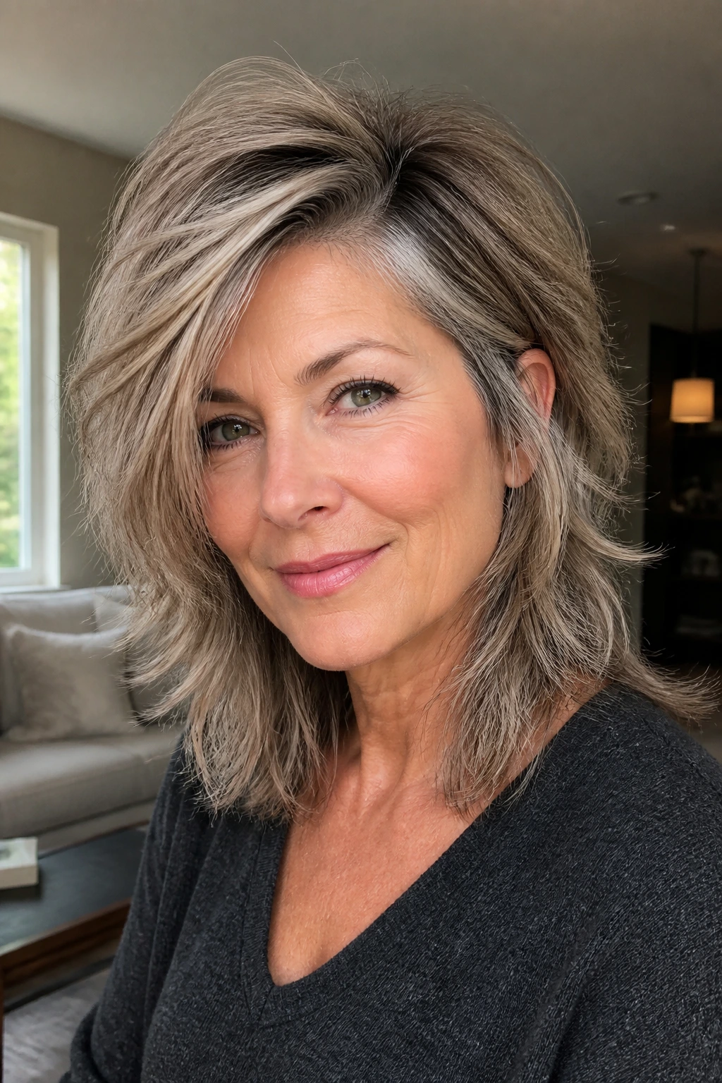 Portrait of a real woman with deep side-part razor shag
