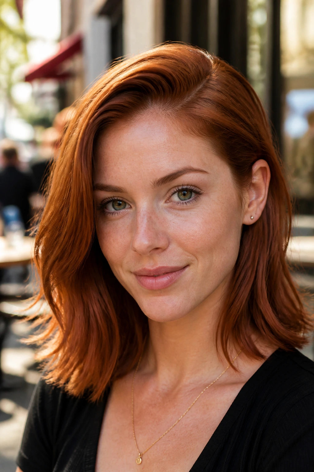 Close-up of a real woman with a deep side part and tucked-behind-ear on red hair