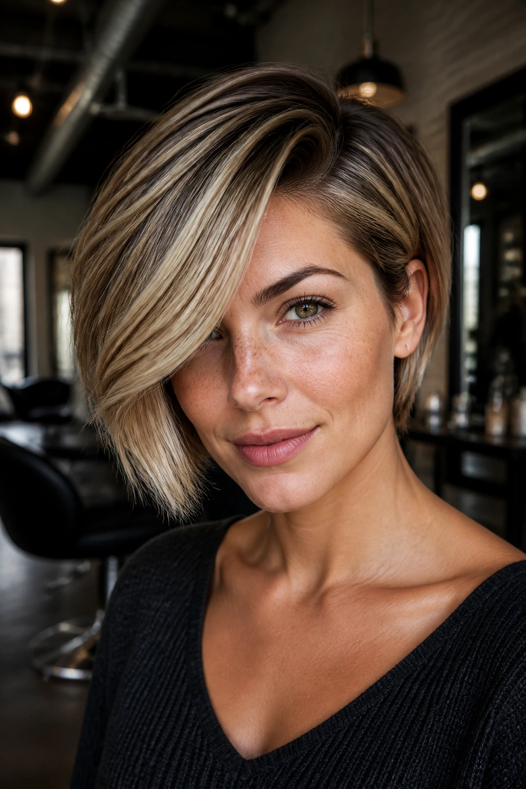 Portrait of a woman with a deep side part and ribbon lights.