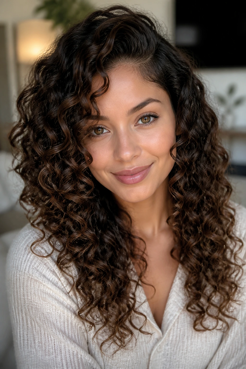 Woman with a deep side part and jaw-framing ringlets in soft daylight.