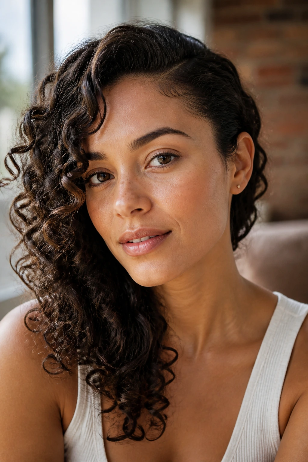 Close-up of a deep side part with defined ringlets framing the face