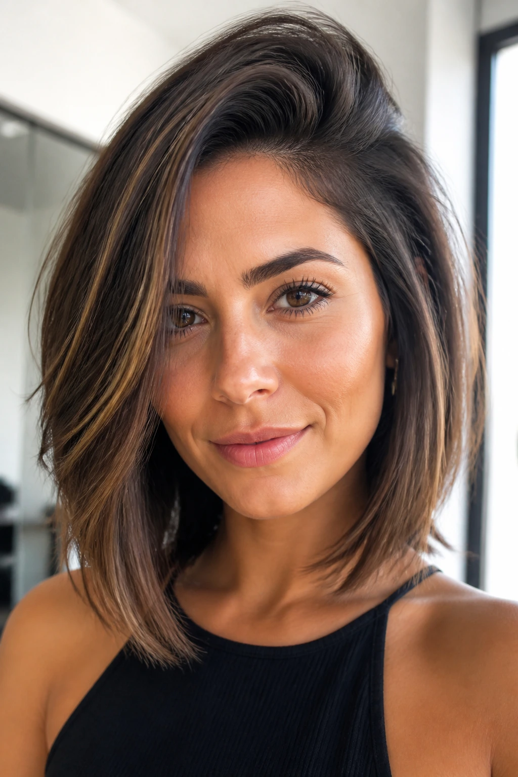Close-up portrait of a real woman with a deep side part and lifted roots, crown volume.