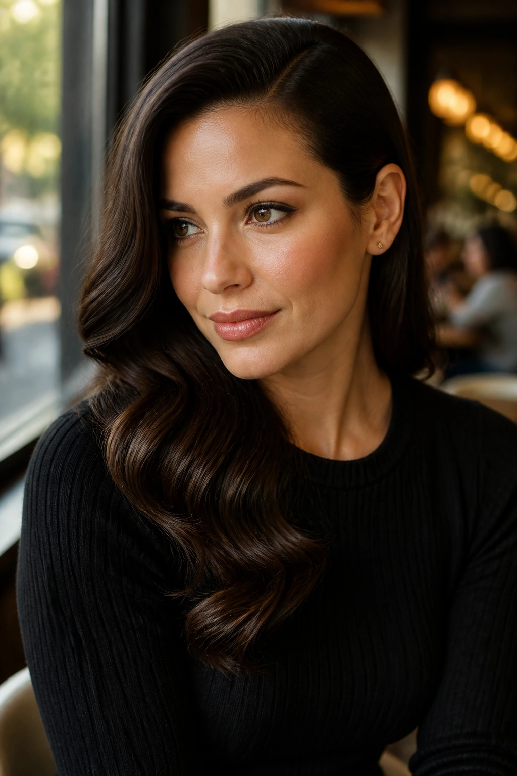 Portrait of a woman with deep side part and polished S-waves