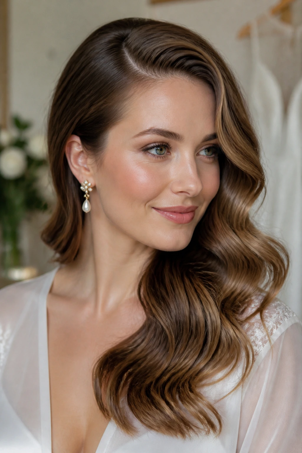 Real woman with deep side-part S-waves wedding hairstyle