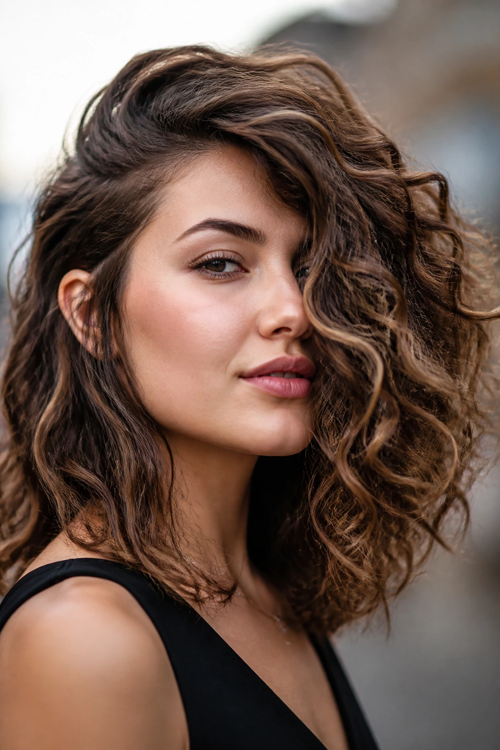Real woman with deep side-part curly hair and sable panels