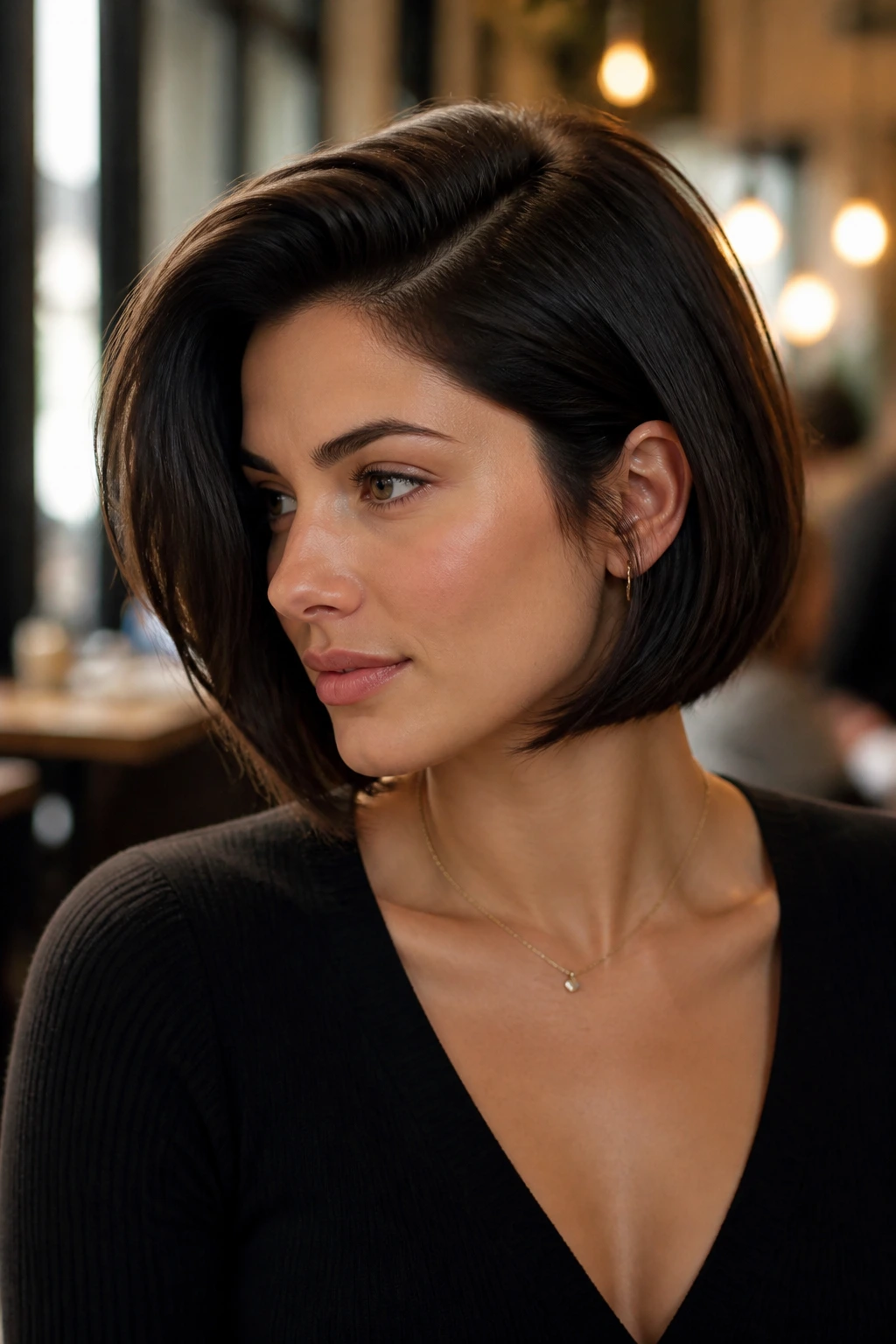Portrait of a real woman with a deep side-part sculpted bob showing crown volume.