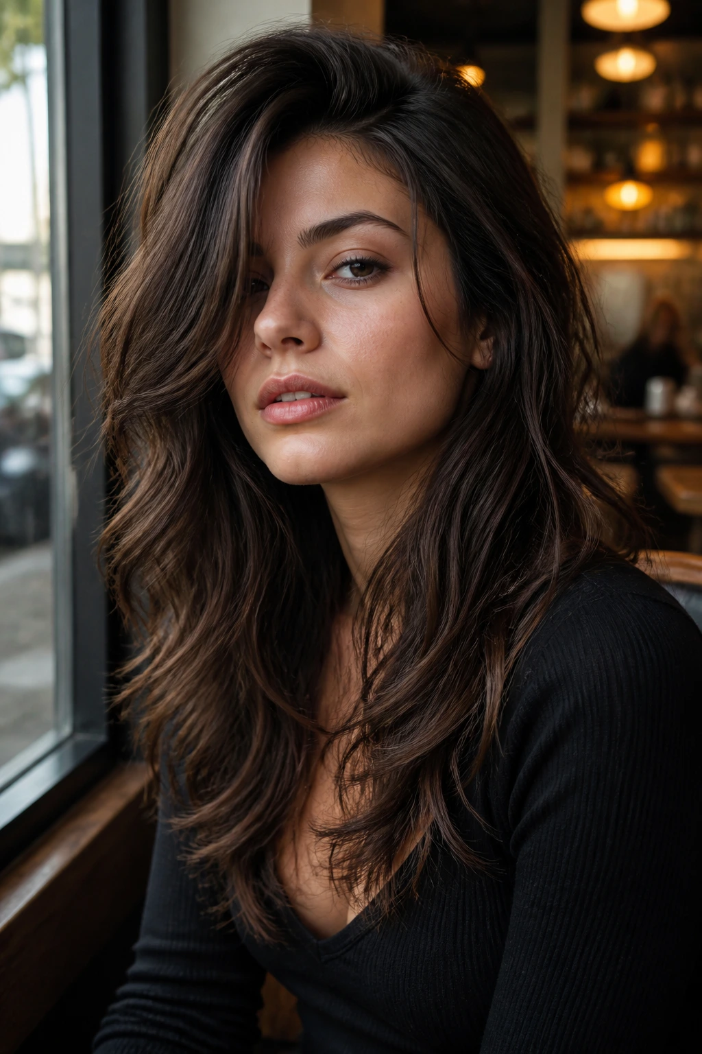 Close-up portrait of real person with deep side-part shag and diagonal face framing
