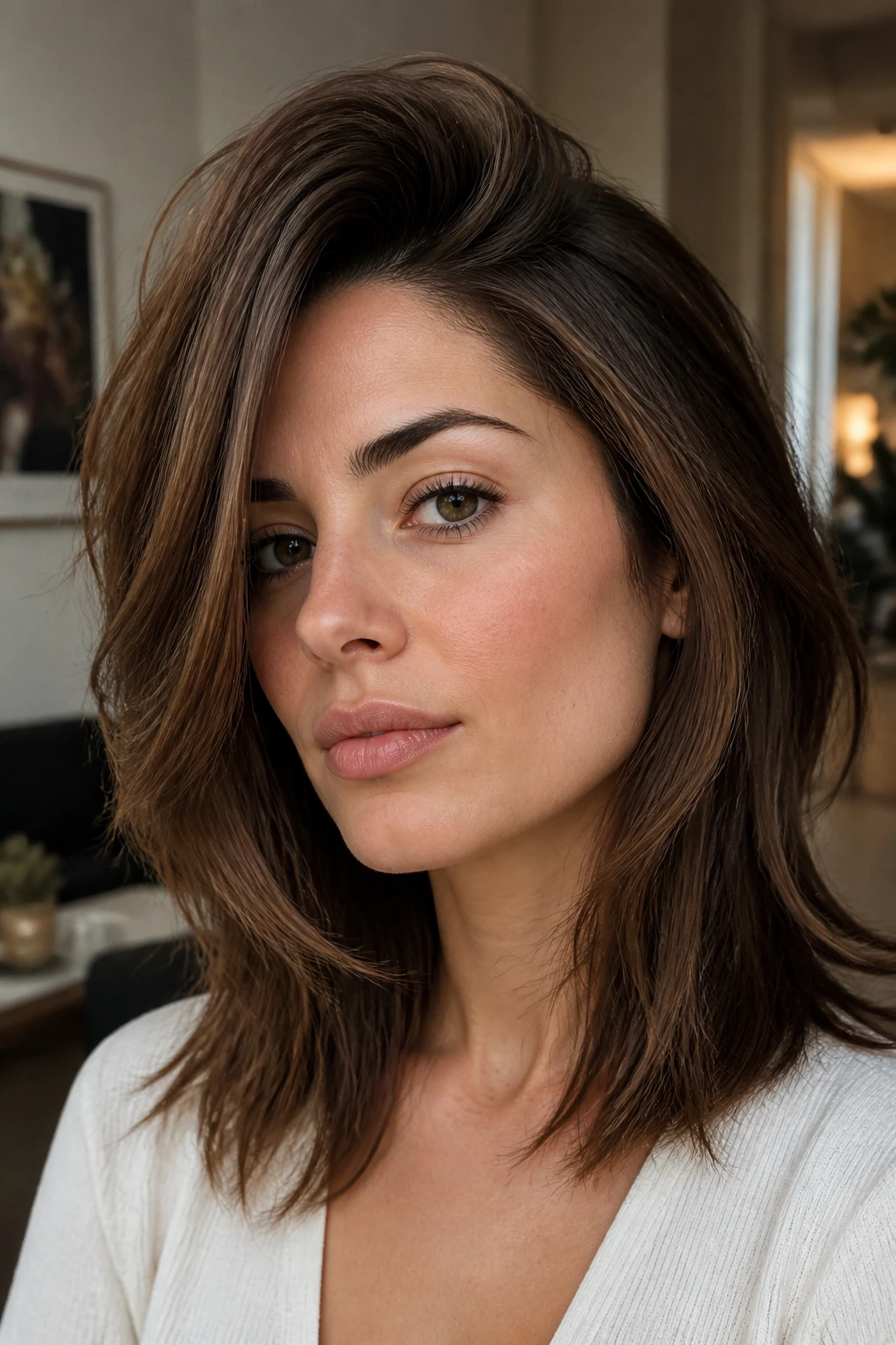 Close-up of a real person with a deep side-part shag showing dramatic swing