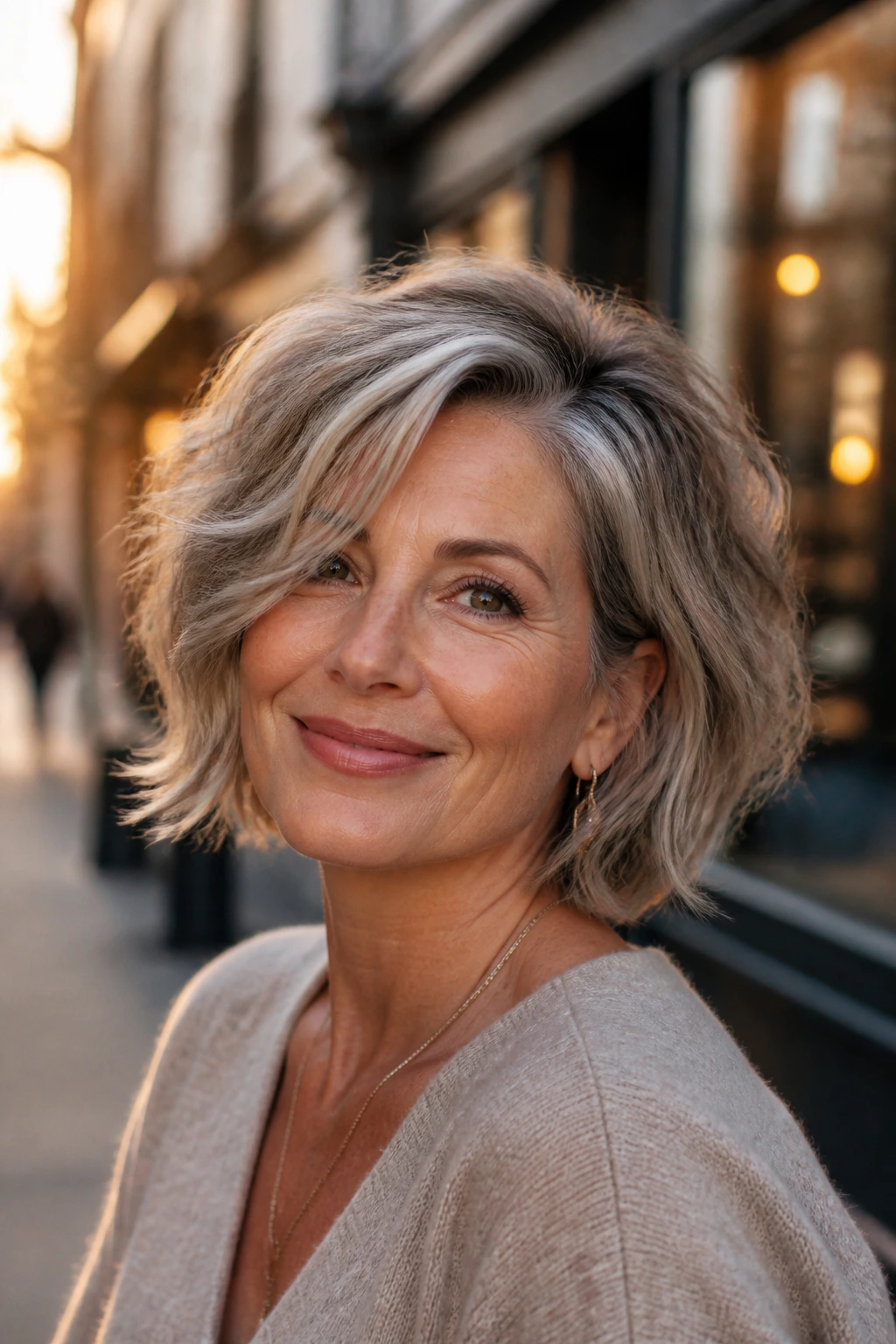 Close-up of real woman with deep side-part shag bob showing root lift and texture