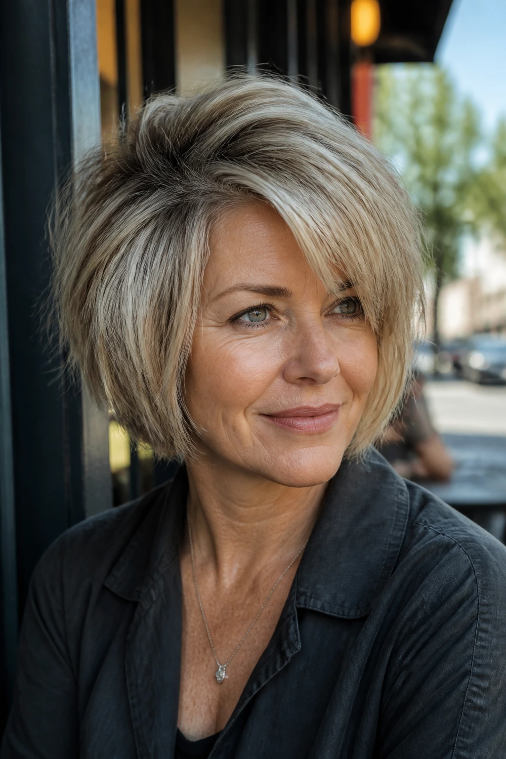 Portrait of a real woman with a deep side-part shag bob.
