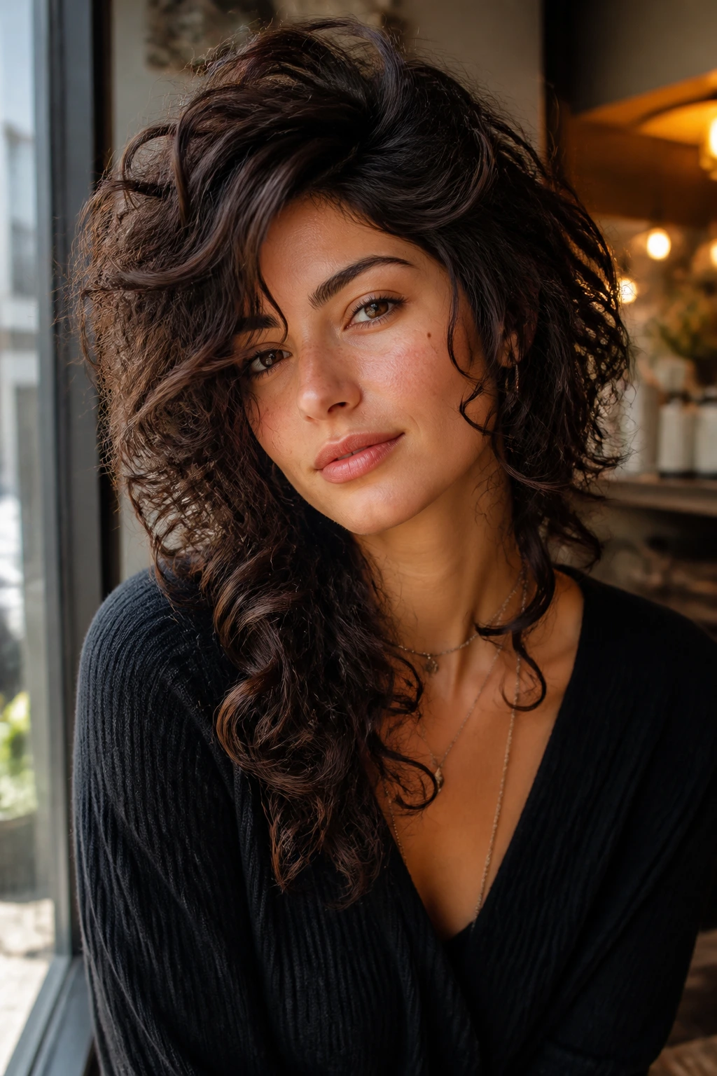 Portrait of a real woman with Deep Side-Part Shag showing a pronounced side part and lifted crown