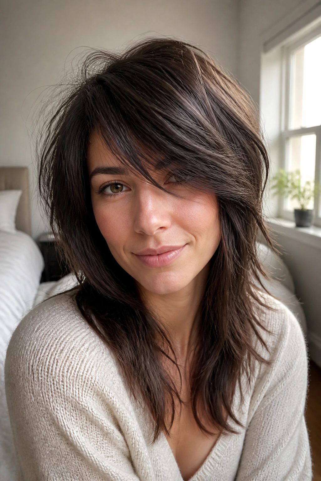Close-up portrait of a real woman with a deep side-part shag, long layered sides and sweeping fringe.