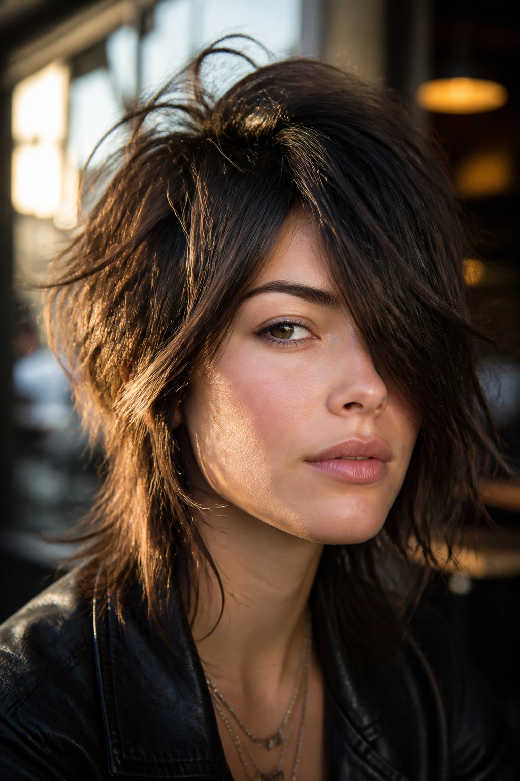 Portrait of a real person with Deep Side-Part Rocker Shag showing a dramatic diagonal part and lifted crown