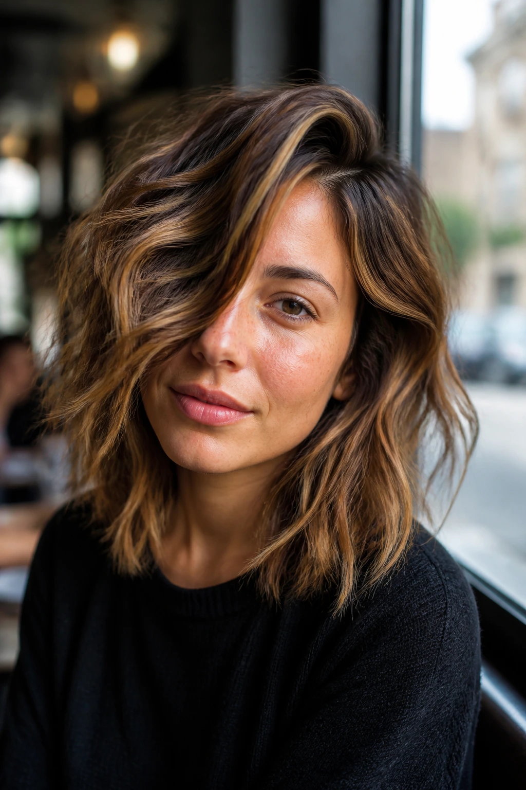 Close-up portrait of a real woman with a deep side-part piecey shag and caramel highlights.