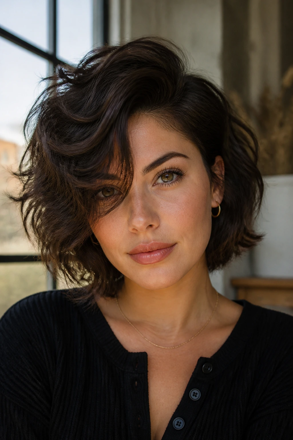 Close-up portrait of a real person with a deep side-part shag