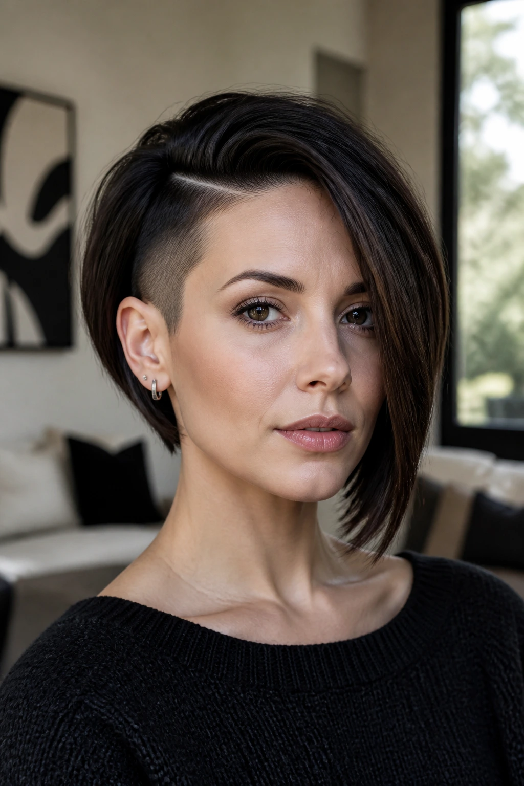 Close-up of deep side-part shaved bob on a real person