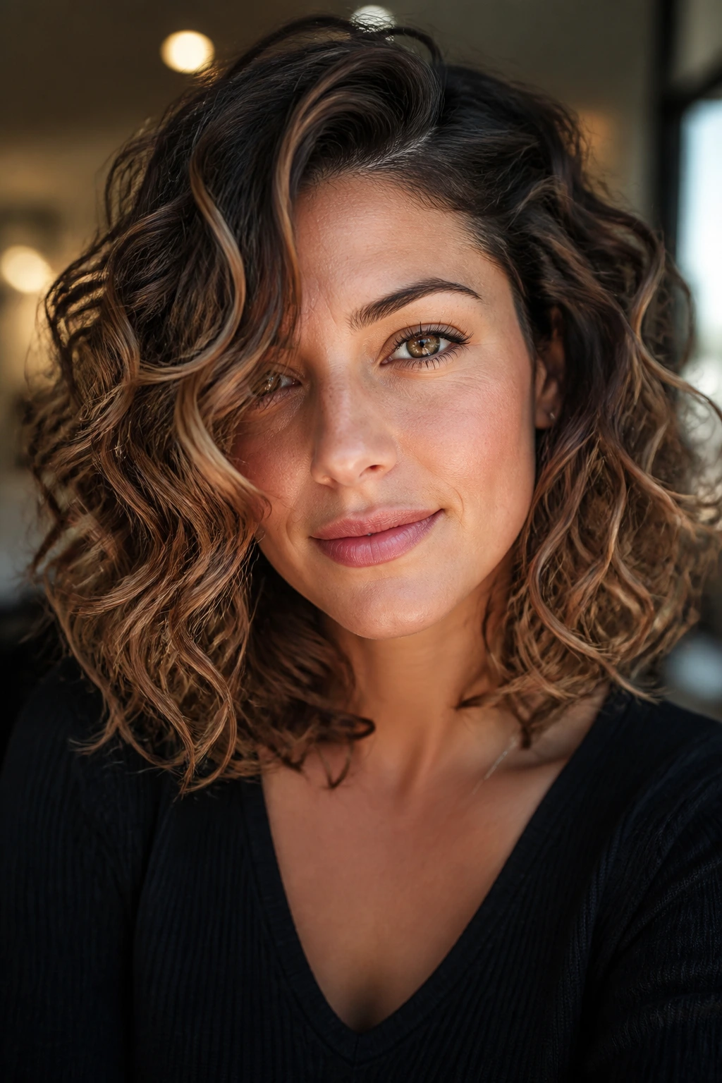 Portrait of deep side-part shoulder cut with face-framing highlights on a real person.