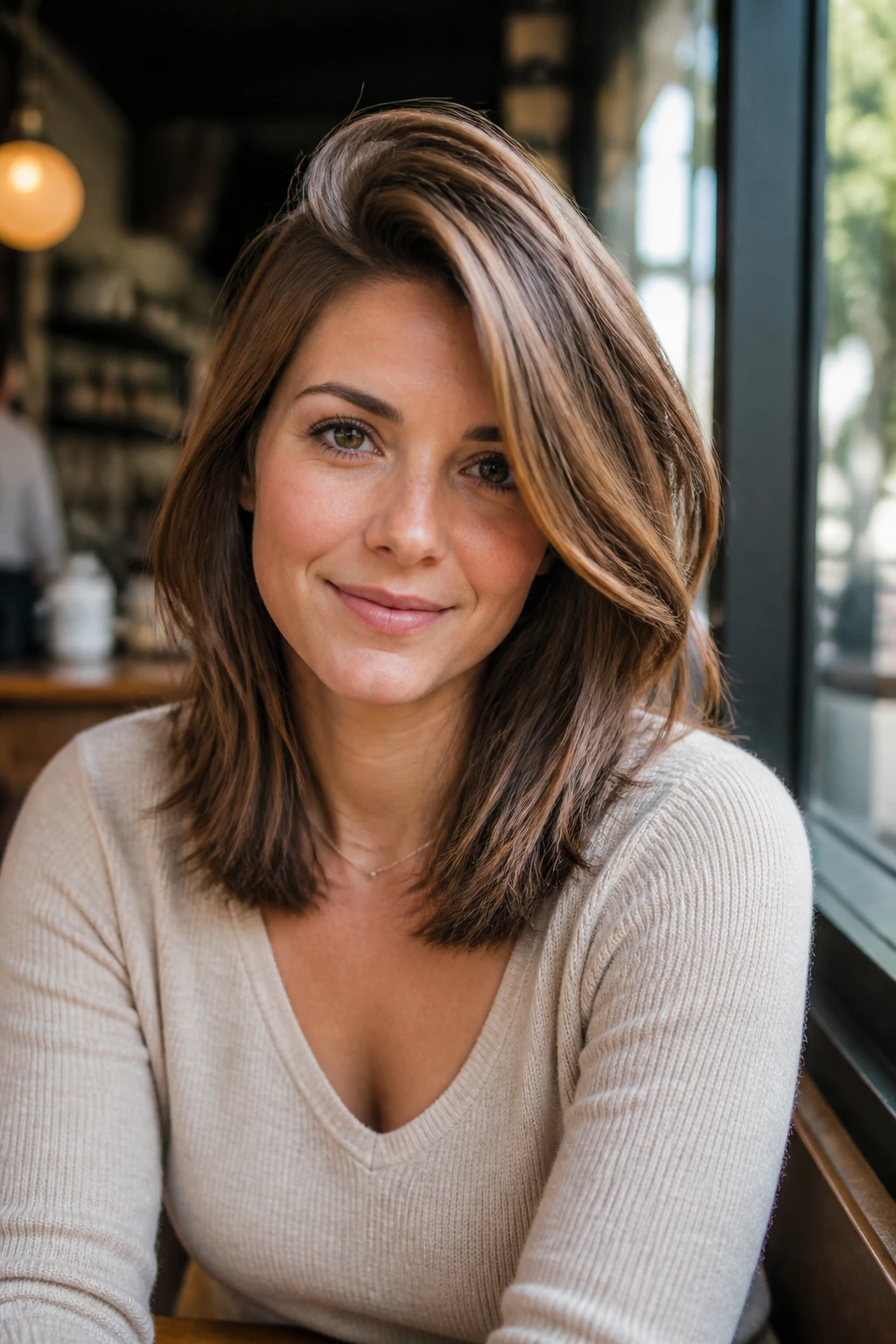 Close-up of a real woman with a deep side part and shoulder-grazing layers in cafe window light