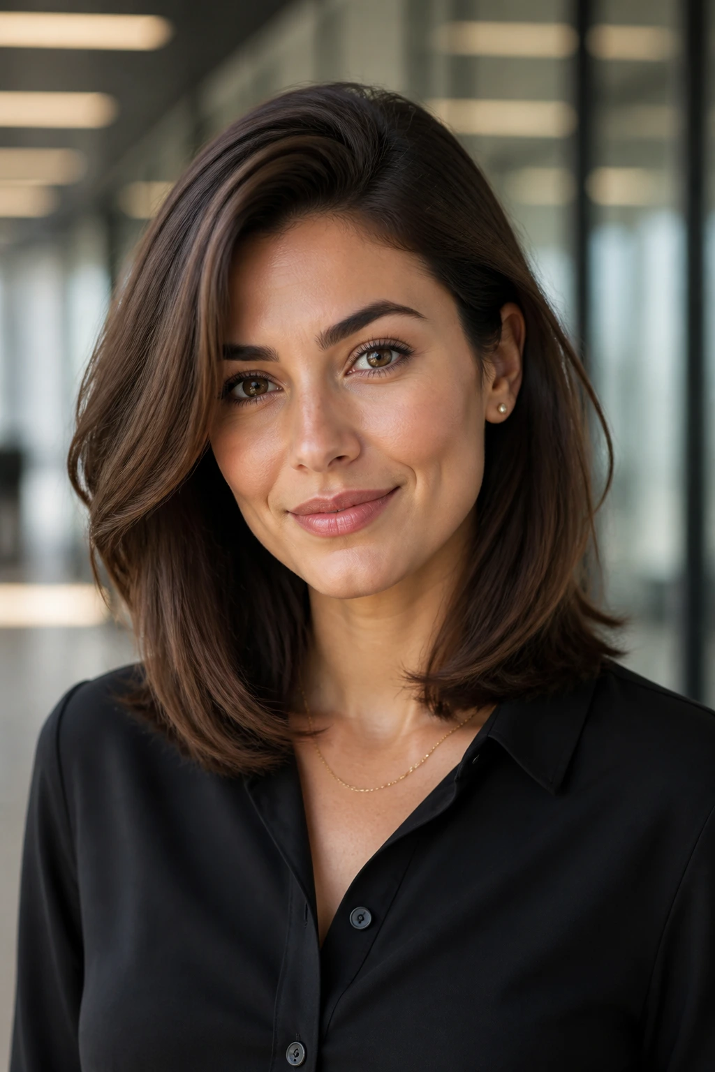 Close-up of a real person with deep side-part shoulder cut in a workplace setting