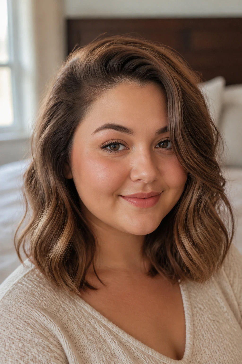 Portrait of a woman with a deep side part and shoulder-skimming waves.