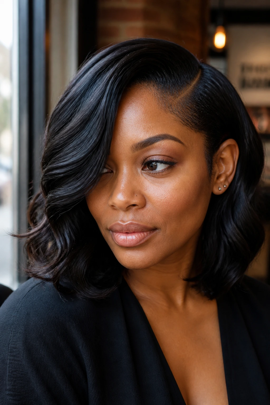 Portrait of a Black woman with deep side-part shoulder waves and smooth roots.