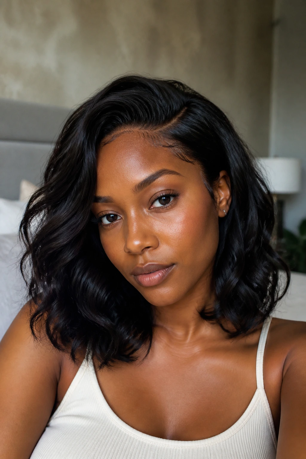 Close-up of a real person with a deep side-part and shoulder-length waves, highlighting a flattering hairstyle for round faces.