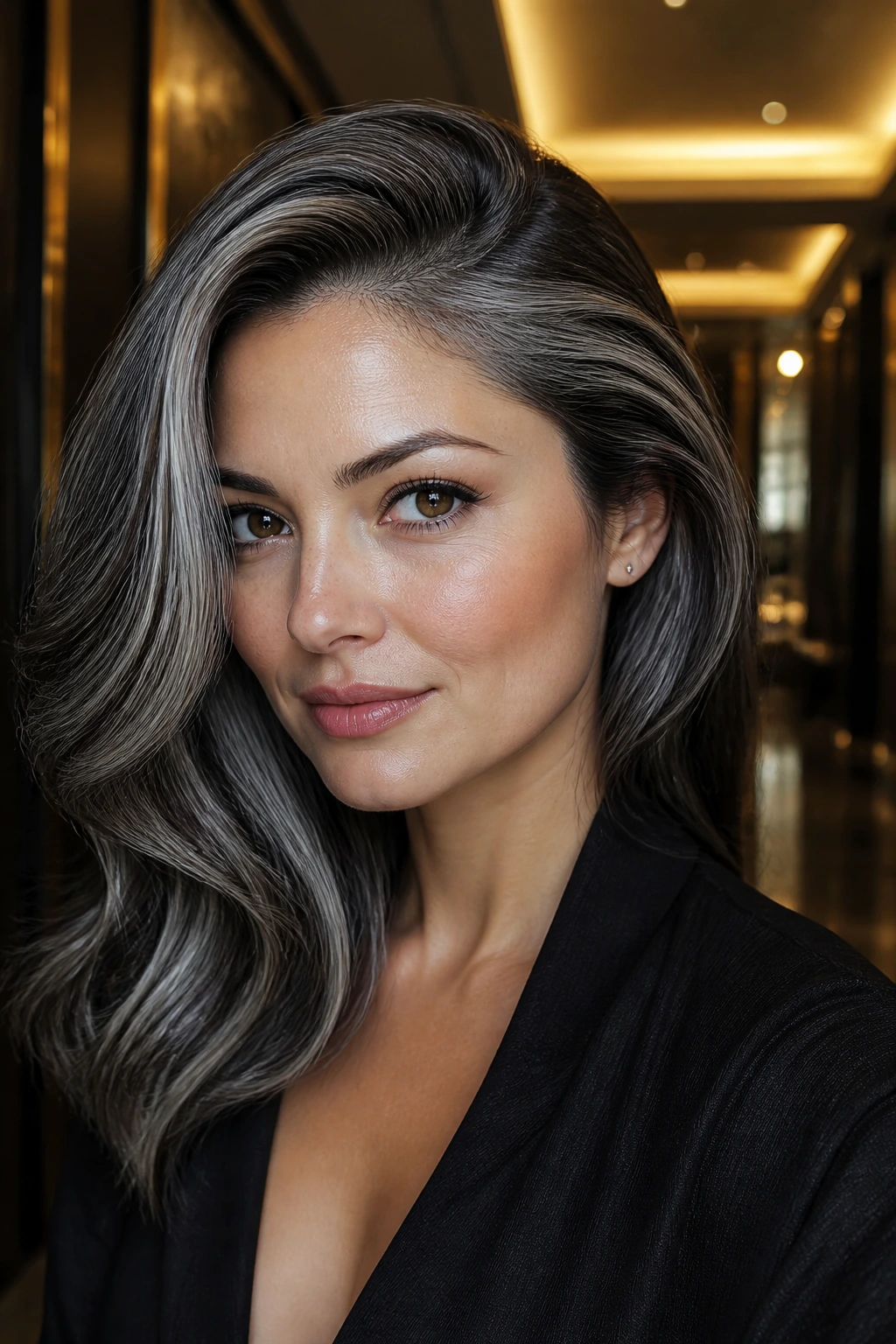 Close-up of real person with deep side part and silver veil highlights on dark hair
