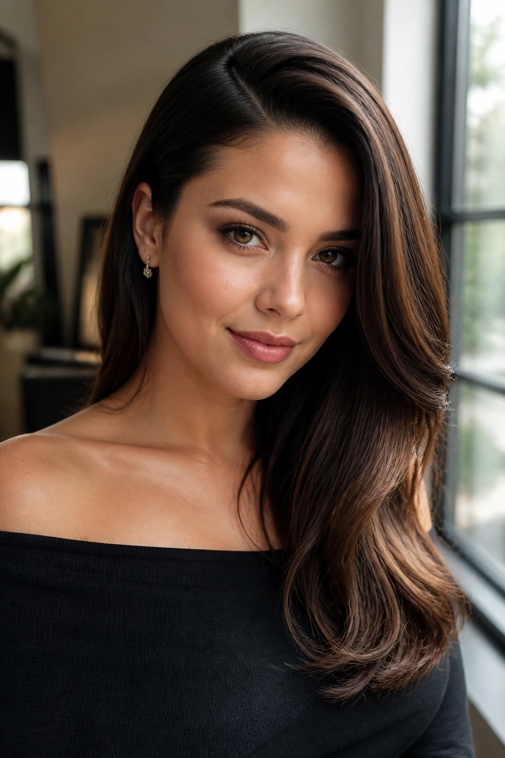 Close-up of real person with deep side-part sleek blowout